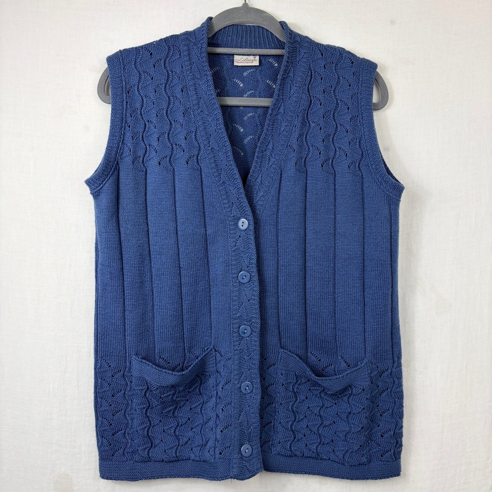 Womens Knit Button Front Sweater Vest Sz Large Coastal‎ Cottage Modest Librarian